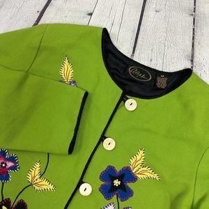 Alex Kim Womens Embroidered Floral Art To Wear‎ Jacket Blazer Medium Green